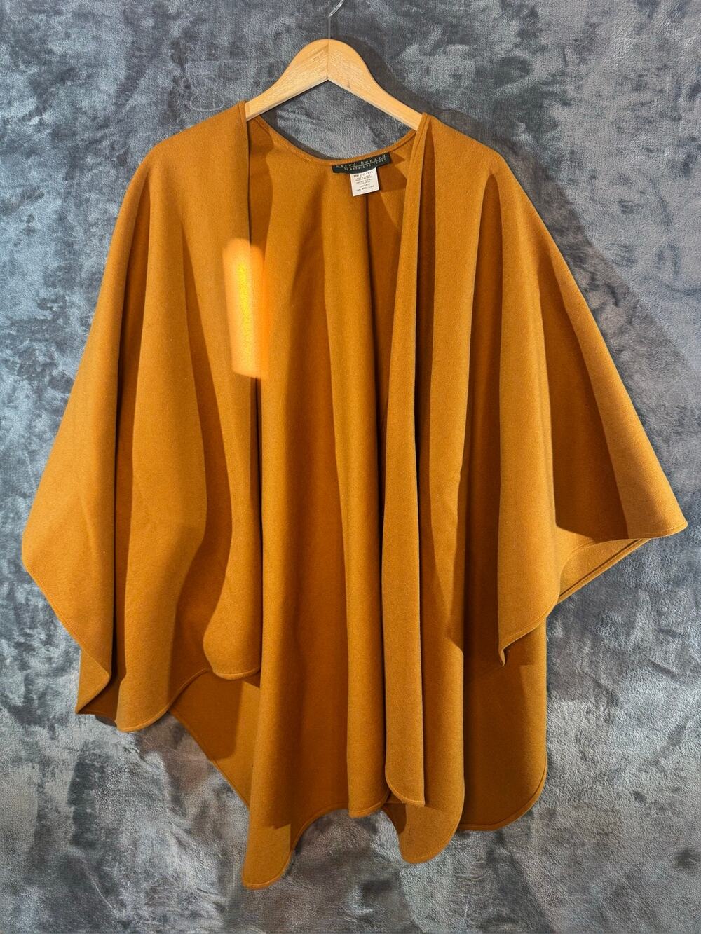 VTG 90s Harve Benard 100% Wool Poncho Cape Ochre Mustard Gold Open Front OSFA